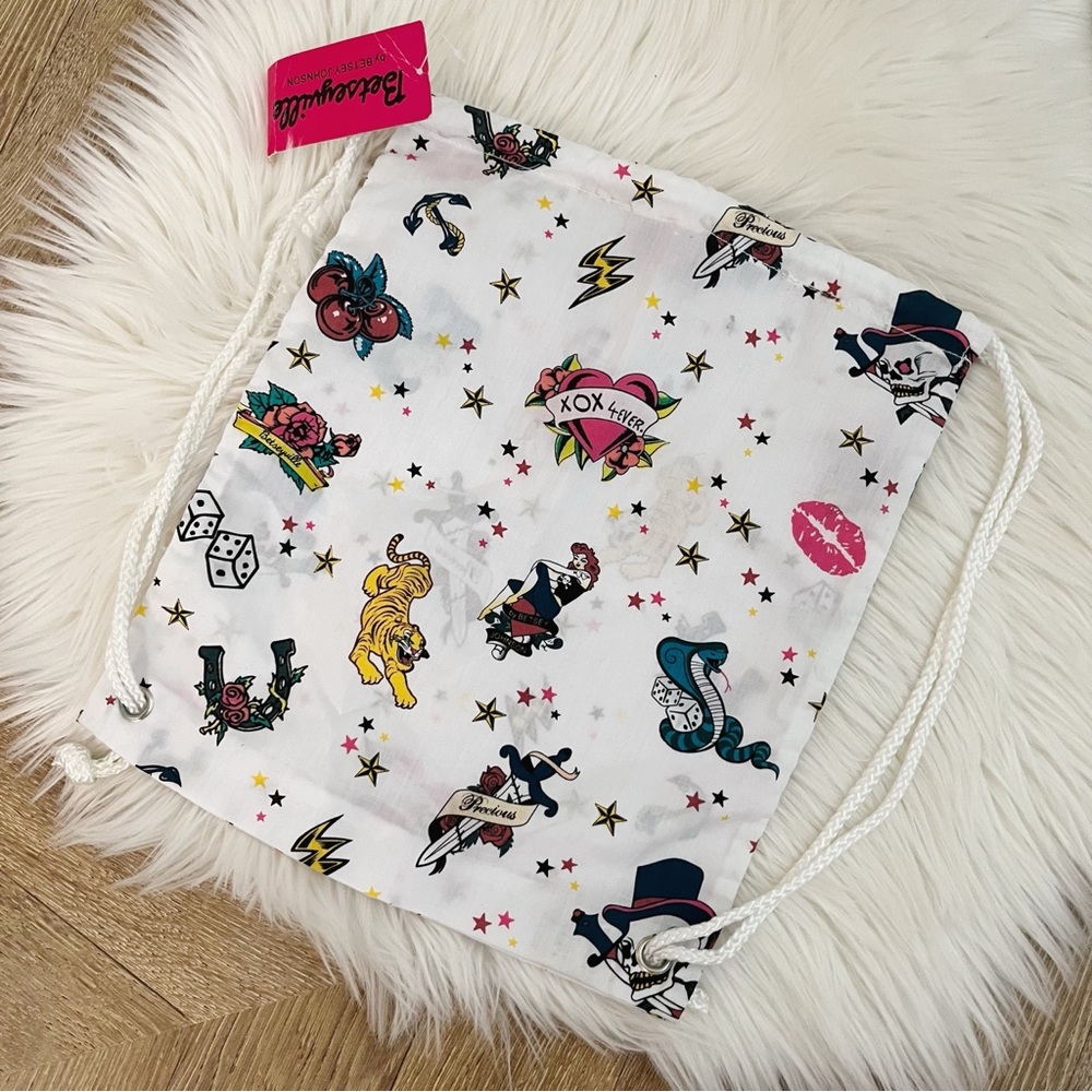 Vintage Betsey Johnson Betseyville Tattoo Art Drawstring Backpack